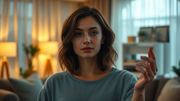 Woman in living room discussing financial freedom myths.