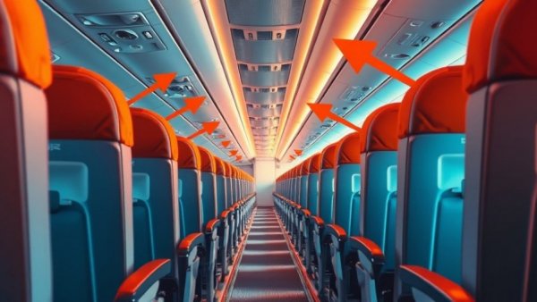Artistic airplane interior with arrows highlighting seats.