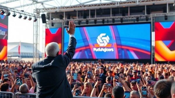 Crowd captures a prominent figure on stage during an event.