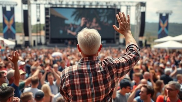 Motivational speaker addressing a large crowd at an outdoor event