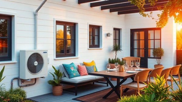 Outdoor patio with IKEA heat pump, cozy seating, dining setup.