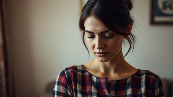 Woman reflecting on financial anxiety and debt solutions, calm and thoughtful.