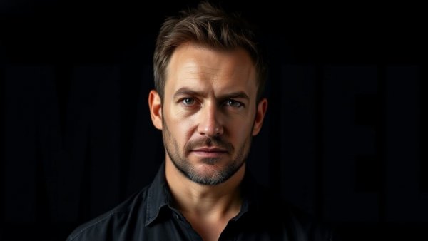 Confident man with serious expression against a black background.