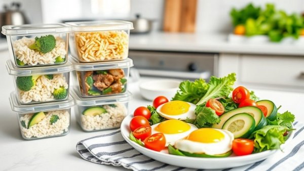 Painless Calorie Managing: Meal prep with healthy ingredients on a table.