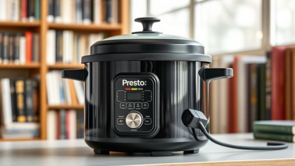 Modern Presto Electric Pressure Canner on wooden counter with books in background.