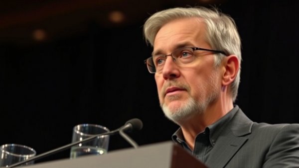 Middle-aged man giving a speech on stage, savings strategies.