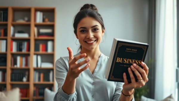 Confident woman recommending must-read business books for financial success.