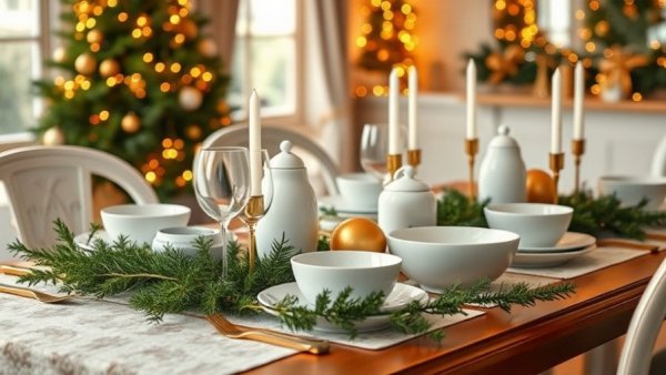 Elegant holiday table setting with white dishes and greenery, Holiday Style Tips.