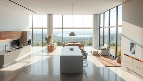 Modern open plan living space highlighting benefits with natural lighting.
