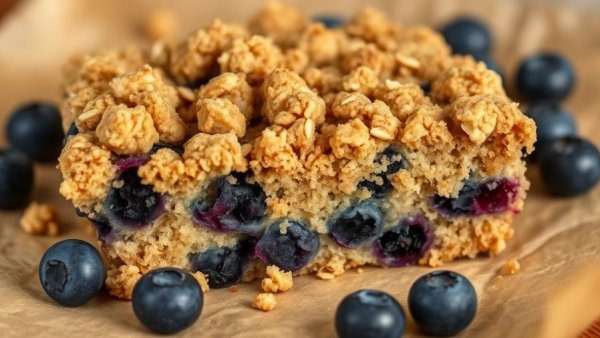 Oatmeal Blueberry Crumb Cake with Cottage Cheese, crumbly and moist, close-up.