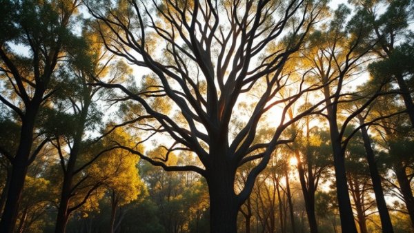 Lush eucalyptus forest with sunlight filtering through trees