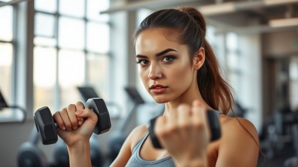 Focused woman performing standing exercises to banish bat wings.