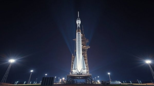 Illuminated Blue Origin New Glenn rocket on launch pad at night.