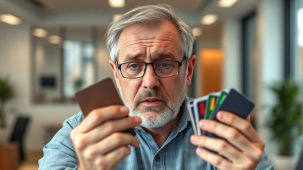 Concerned man holding credit cards indicating common credit card mistakes.