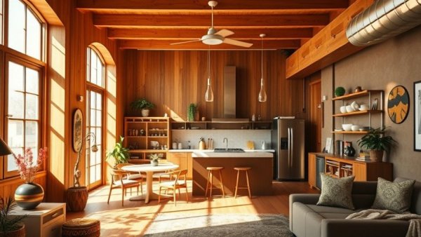 Wes Anderson-inspired loft makeover with retro wooden design elements and modern kitchen.