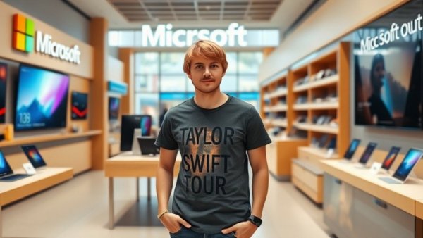 Person in Microsoft store wearing a Taylor Swift shirt, showing store displays.