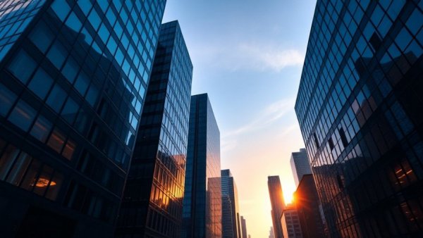 Urban skyscrapers reflecting sunset light, showing office sector recovery trends.