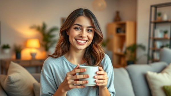 Young woman enjoying a coffee, cozy home interior, discussing forever homes.