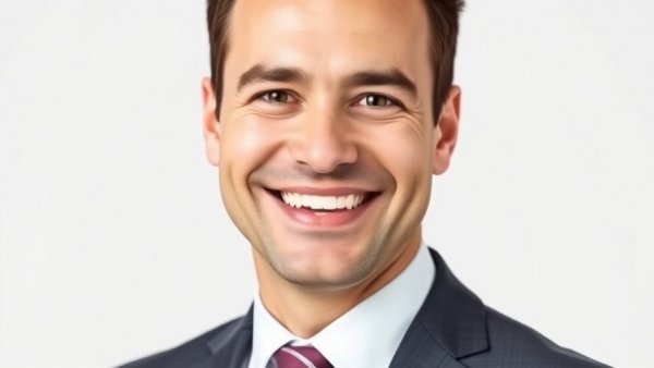 Smiling professional man portrait in suit, plain background, recognise bank development exit loan.