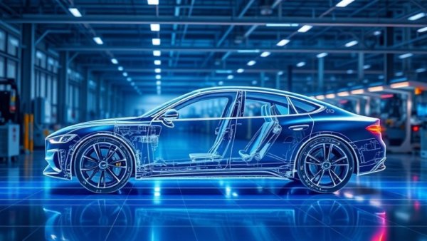 AI integration in manufacturing: digital car blueprint in factory