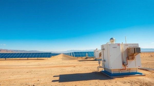 Remote solar facility in desert, showcasing energy technology with solar panels.