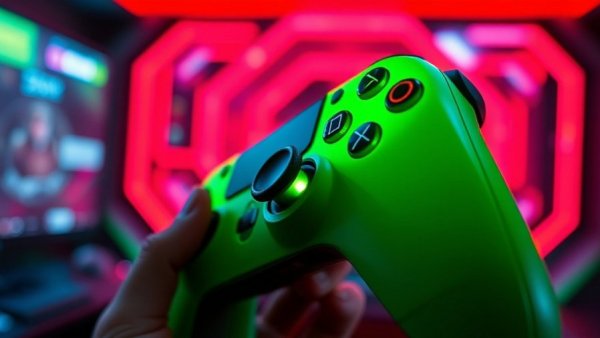 Green gaming controller in front of red screen, open-source game streaming.
