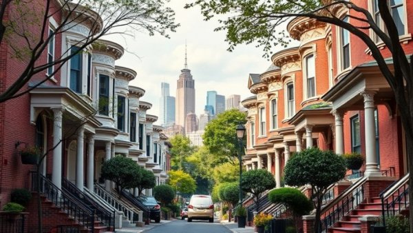 Victorian townhouses in London with skyline, property brokerage.