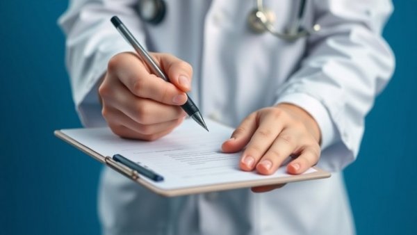 Doctor writing on clipboard against blue background, highlighting medical insurance concepts.