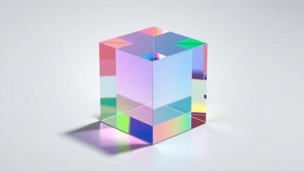 Transparent glass cube displaying chemical transparency with colorful reflections and shadow.