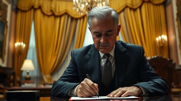 Man signing a document in an ornate office related to Trump executive order AI regulations.