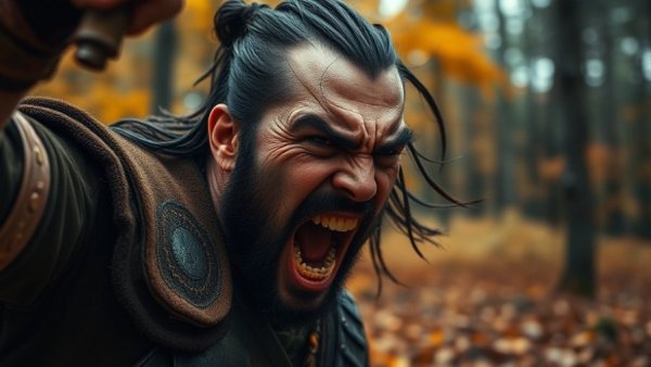 Energetic warrior in forest during cinematic moment.
