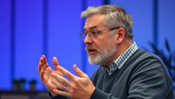 Middle-aged man in conversation against a blue-purple backdrop, discussing animatedly.