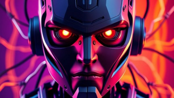 Futuristic robotic face with vivid split, representing OpenAI's financial challenges.