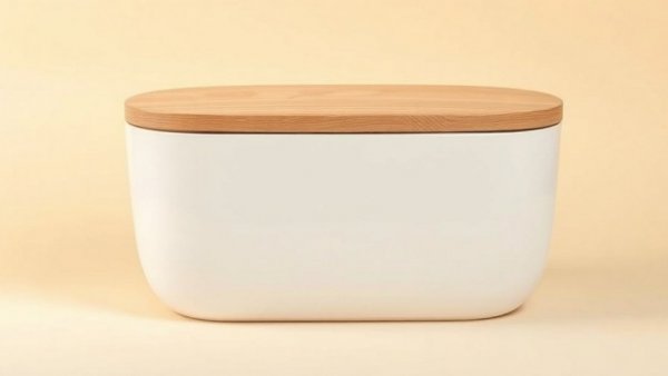 Joseph Joseph Bread Bin with bamboo lid on pastel background.