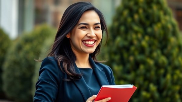 Smiling woman holding a red folder outdoors, UK Migration Changes Settled Status.