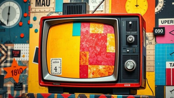 Vibrant collage with retro TV and abstract design, New Age of Conspiracies theme