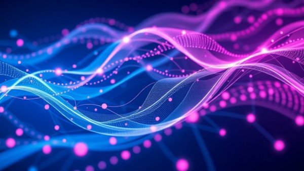 Flowing digital lines with glowing dots representing digital resilience in agentic AI.