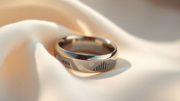 Polished silver smart ring with embedded icons resting on fabric, Samsung patented smart ring dispute.