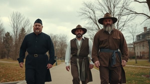 Three men in pilgrim attire walking in park, symbolizing gratitude and financial health.