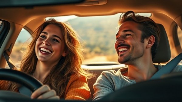 Couple smiling in car on road trip, enjoying sunlight.