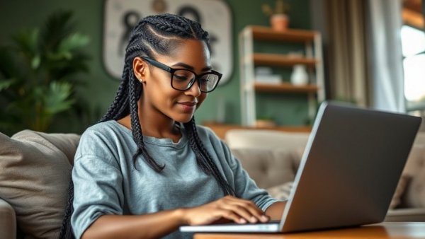 Effective Church Communication: Woman in orange shirt using laptop in cozy room.