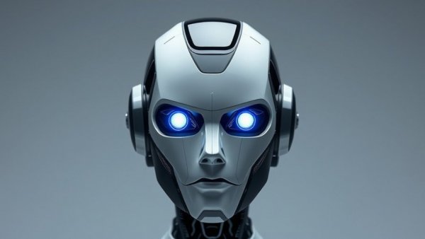 AI Agents for Churches futuristic humanoid robot head with glowing eyes.
