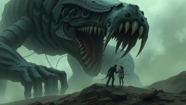 Surreal illustration of giant creature symbolizing technology dangers.
