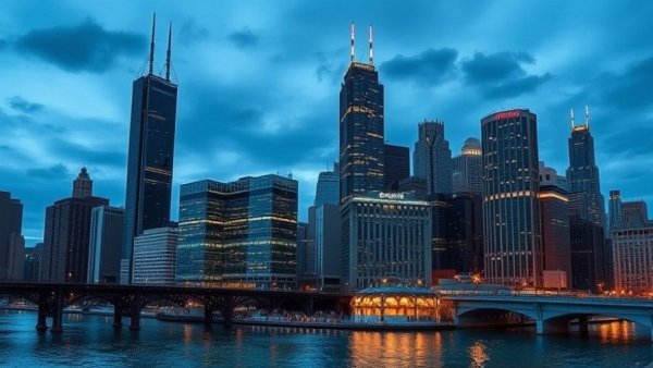Chicago skyline at dusk illustrating racial segregation in housing.