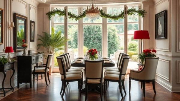 Festive dining room with a Christmas garland and cozy decor.