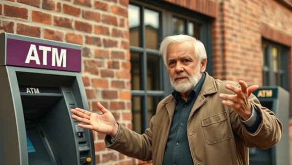ATM scam warning by man in front of ATM, account draining advice.