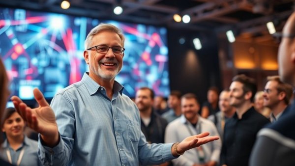 Smiling man at tech event presenting new products, spotlight on leadership.