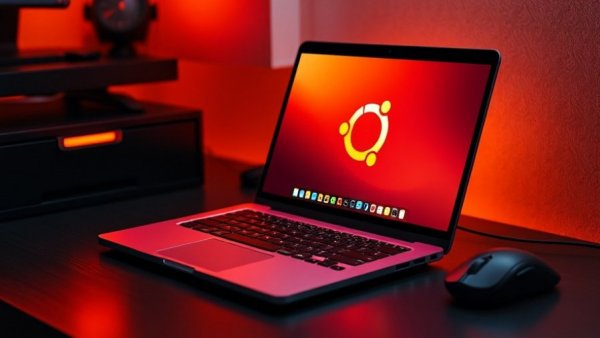 Laptop with Kubuntu interface glowing orange, Transition to Linux with Kubuntu setup.