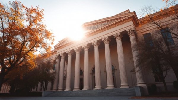 Grand classical building with sunlight and autumn trees, symbolizing judgement in entrepreneurship.