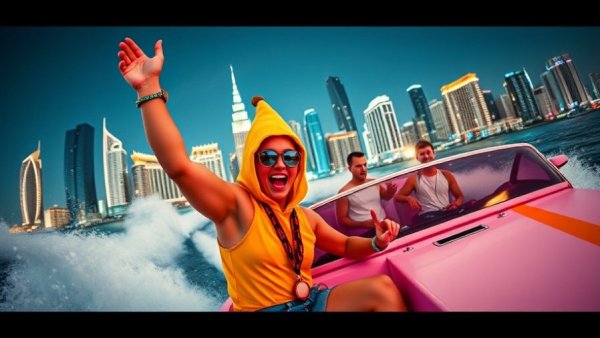 Energetic crypto gathering poster with a banana costume in speedboat.